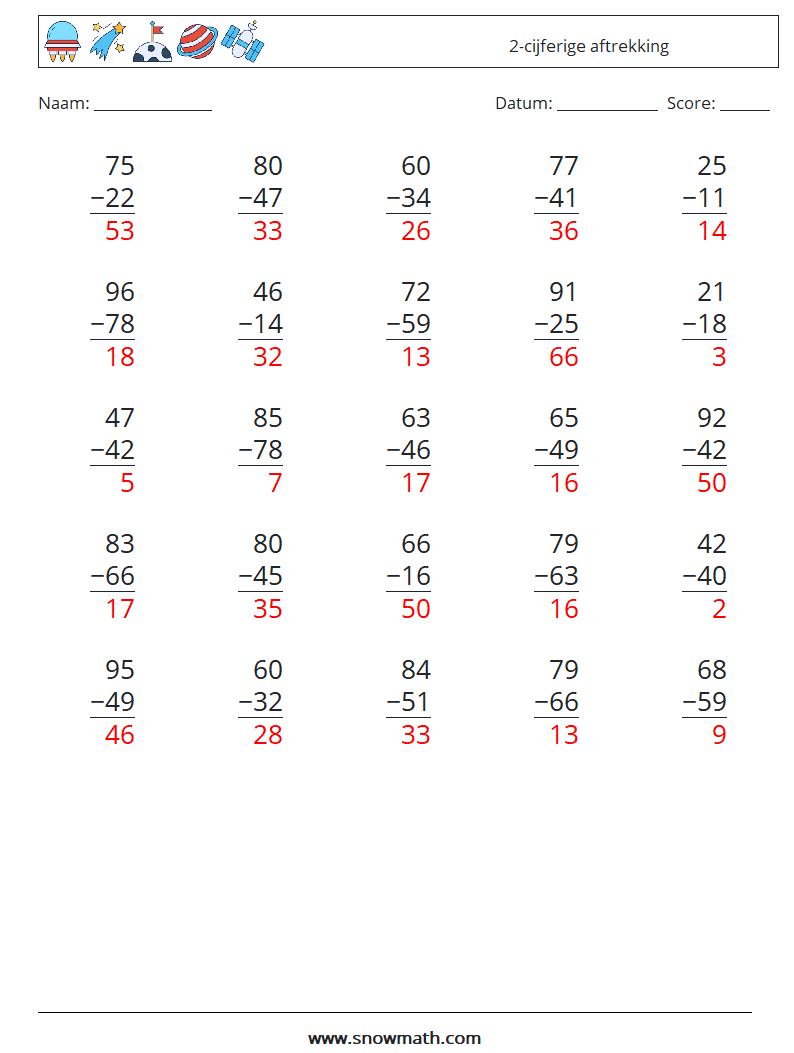 (25) 2-cijferige aftrekking Wiskundige werkbladen 2 Vraag, Antwoord