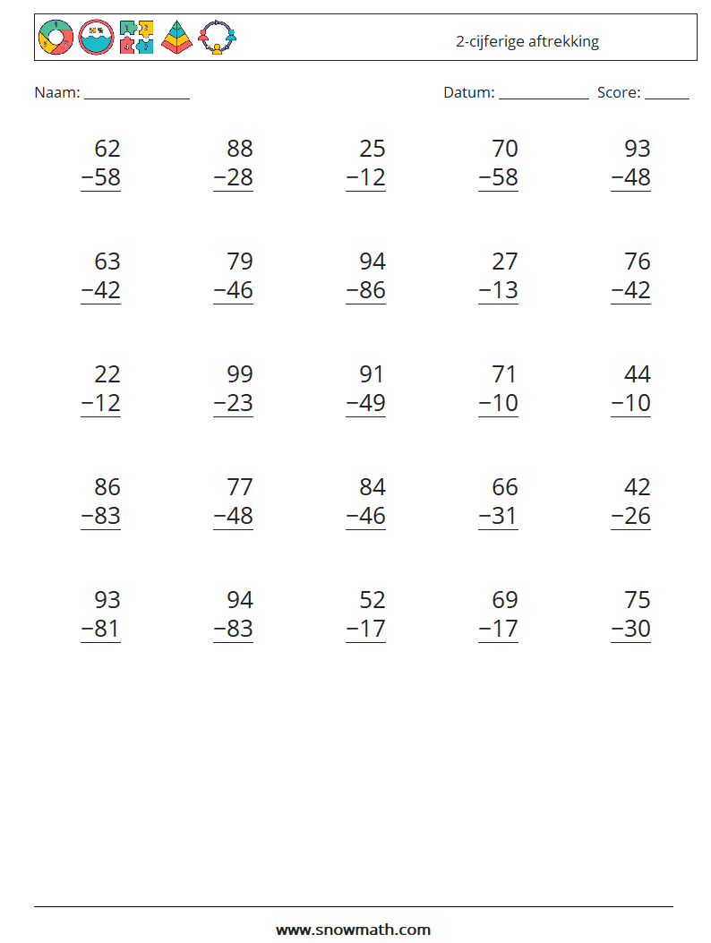 (25) 2-cijferige aftrekking Wiskundige werkbladen 3