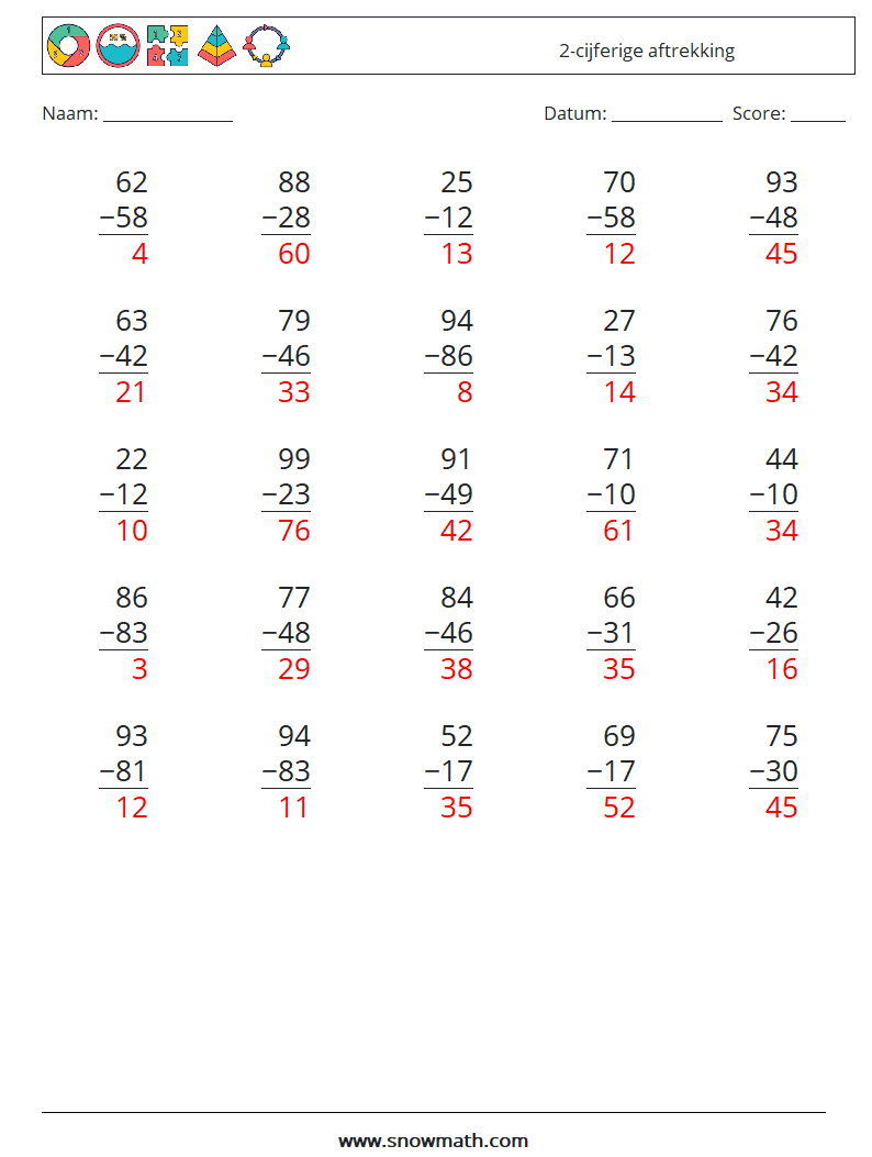 (25) 2-cijferige aftrekking Wiskundige werkbladen 3 Vraag, Antwoord