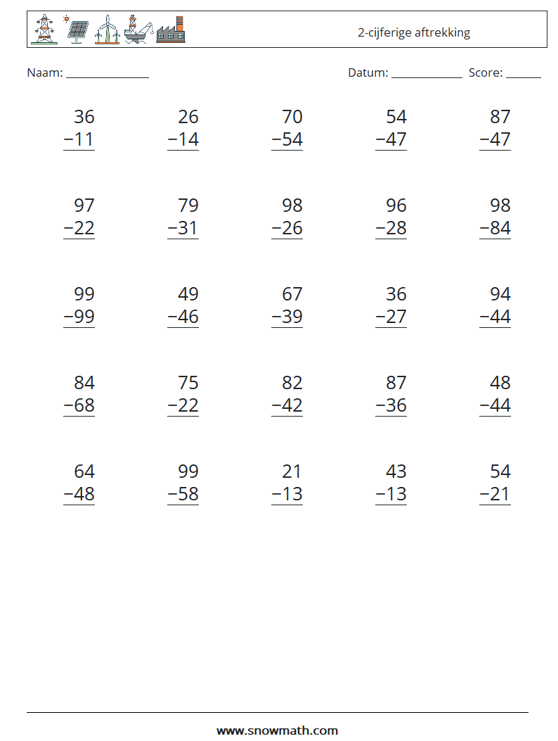 (25) 2-cijferige aftrekking Wiskundige werkbladen 4