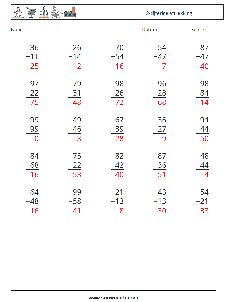 (25) 2-cijferige aftrekking Wiskundige werkbladen 4 Vraag, Antwoord