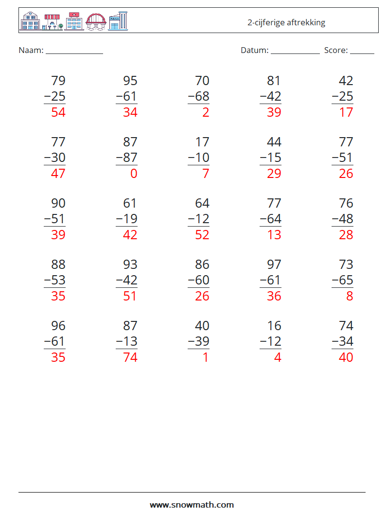 (25) 2-cijferige aftrekking Wiskundige werkbladen 5 Vraag, Antwoord