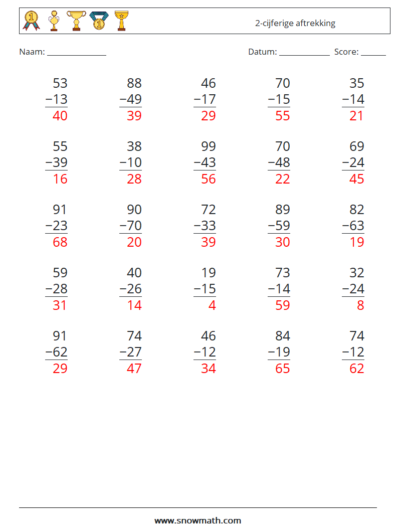 (25) 2-cijferige aftrekking Wiskundige werkbladen 6 Vraag, Antwoord