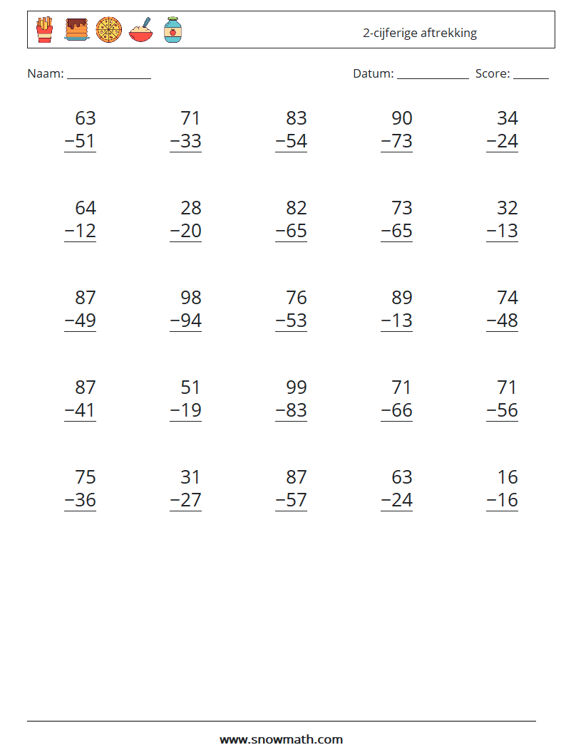 (25) 2-cijferige aftrekking Wiskundige werkbladen 7