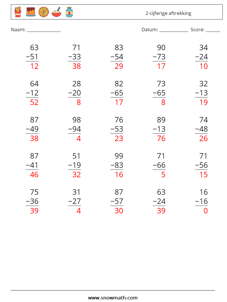 (25) 2-cijferige aftrekking Wiskundige werkbladen 7 Vraag, Antwoord