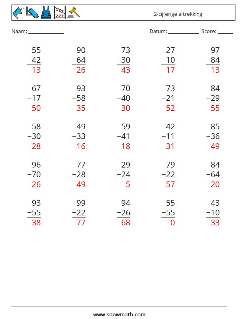 (25) 2-cijferige aftrekking Wiskundige werkbladen 8 Vraag, Antwoord