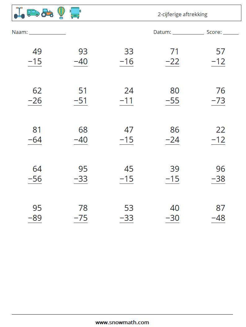 (25) 2-cijferige aftrekking Wiskundige werkbladen 9