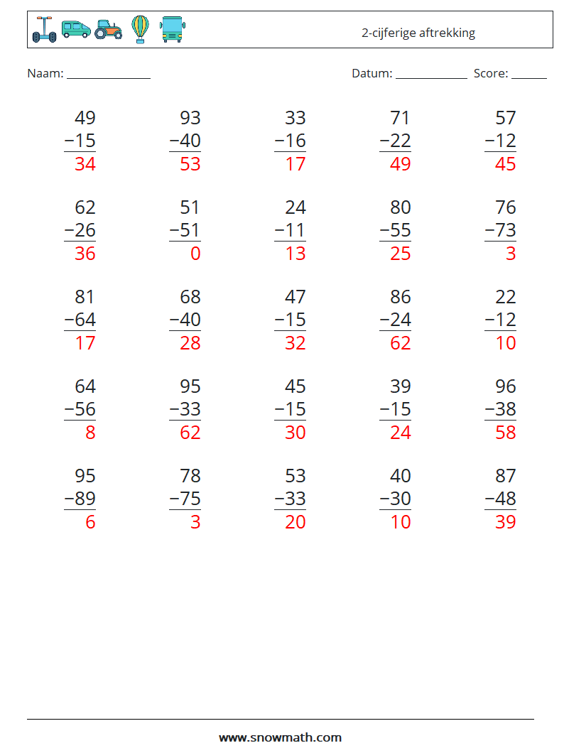 (25) 2-cijferige aftrekking Wiskundige werkbladen 9 Vraag, Antwoord