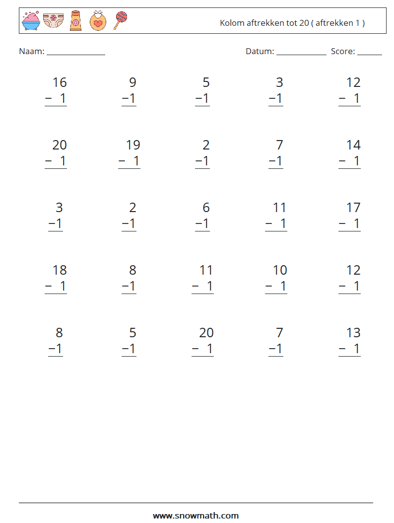 (25) Kolom aftrekken tot 20 ( aftrekken 1 )