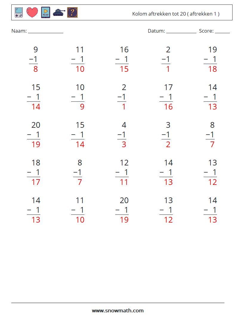 (25) Kolom aftrekken tot 20 ( aftrekken 1 ) Wiskundige werkbladen 10 Vraag, Antwoord