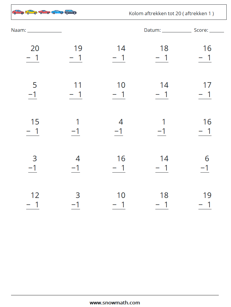 (25) Kolom aftrekken tot 20 ( aftrekken 1 ) Wiskundige werkbladen 11