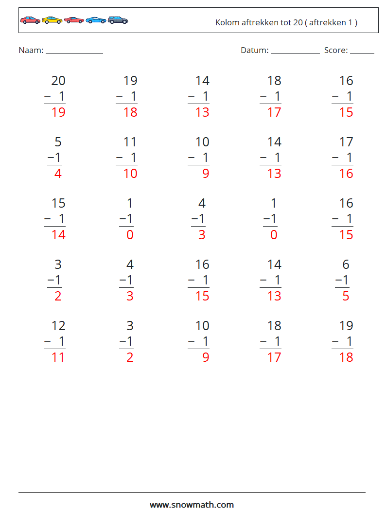 (25) Kolom aftrekken tot 20 ( aftrekken 1 ) Wiskundige werkbladen 11 Vraag, Antwoord