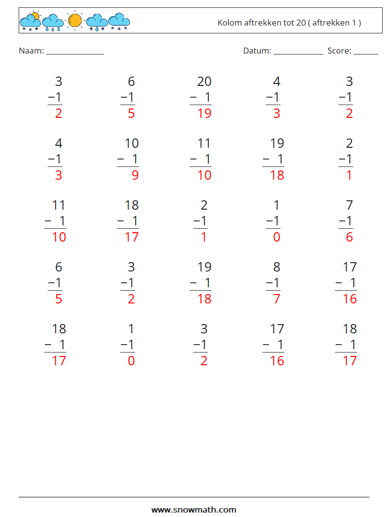 (25) Kolom aftrekken tot 20 ( aftrekken 1 ) Wiskundige werkbladen 12 Vraag, Antwoord