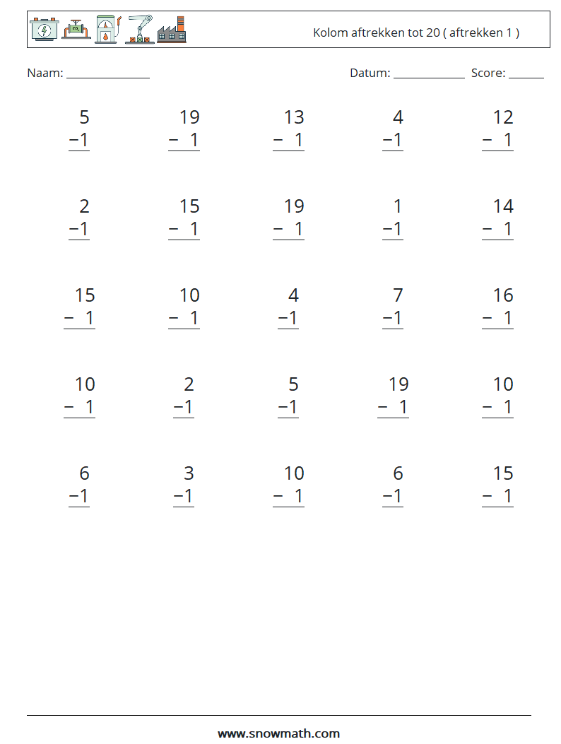 (25) Kolom aftrekken tot 20 ( aftrekken 1 ) Wiskundige werkbladen 13