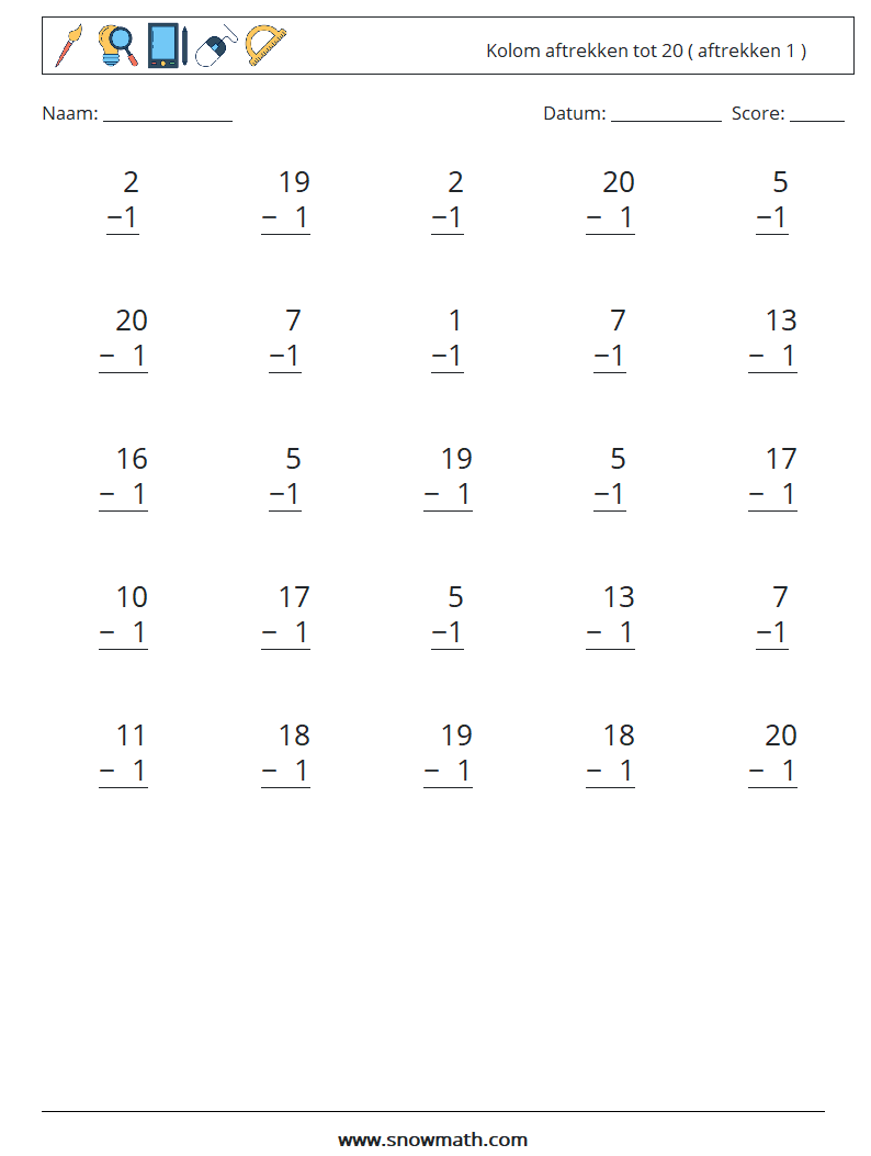 (25) Kolom aftrekken tot 20 ( aftrekken 1 ) Wiskundige werkbladen 15
