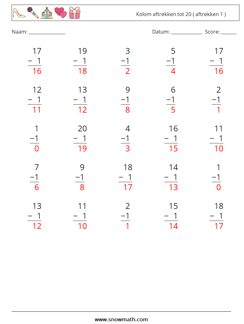 (25) Kolom aftrekken tot 20 ( aftrekken 1 ) Wiskundige werkbladen 17 Vraag, Antwoord