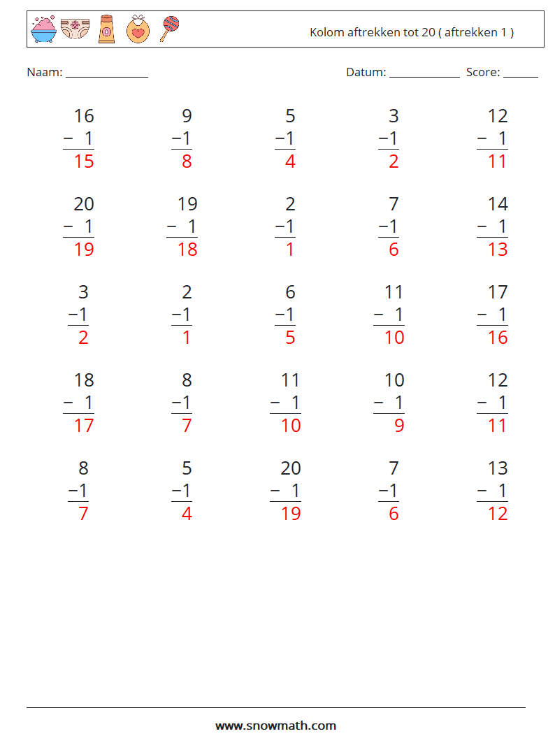 (25) Kolom aftrekken tot 20 ( aftrekken 1 ) Wiskundige werkbladen 1 Vraag, Antwoord