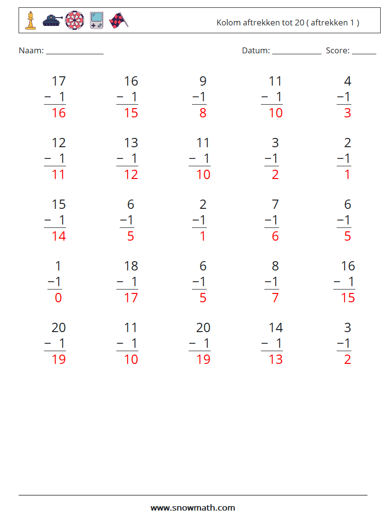 (25) Kolom aftrekken tot 20 ( aftrekken 1 ) Wiskundige werkbladen 2 Vraag, Antwoord