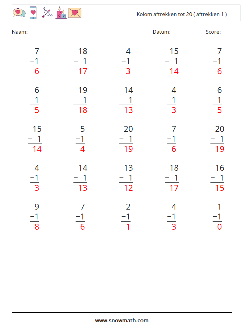 (25) Kolom aftrekken tot 20 ( aftrekken 1 ) Wiskundige werkbladen 3 Vraag, Antwoord