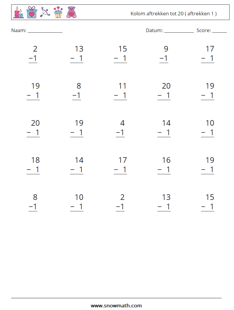 (25) Kolom aftrekken tot 20 ( aftrekken 1 ) Wiskundige werkbladen 4