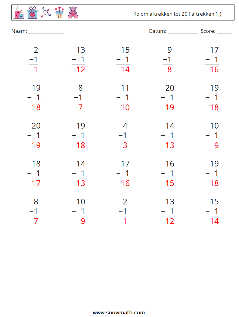 (25) Kolom aftrekken tot 20 ( aftrekken 1 ) Wiskundige werkbladen 4 Vraag, Antwoord