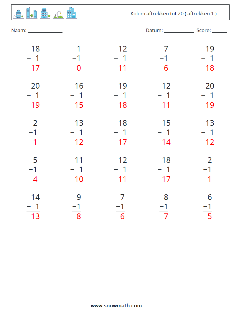 (25) Kolom aftrekken tot 20 ( aftrekken 1 ) Wiskundige werkbladen 5 Vraag, Antwoord