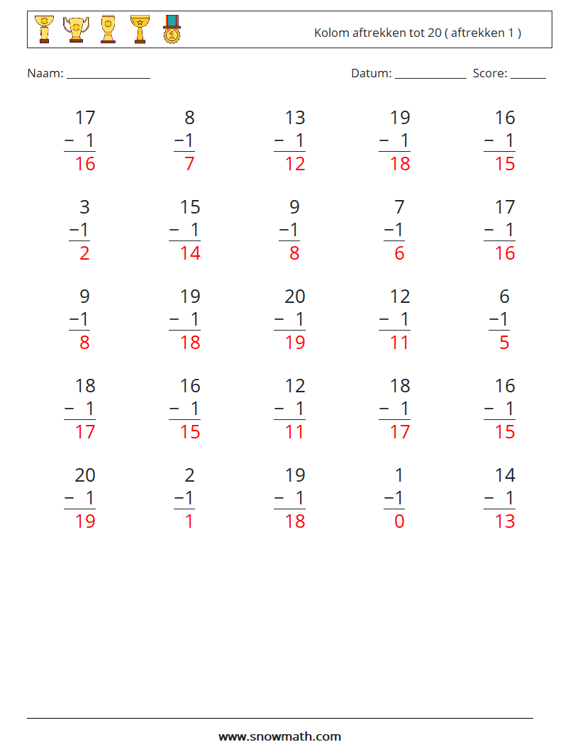 (25) Kolom aftrekken tot 20 ( aftrekken 1 ) Wiskundige werkbladen 6 Vraag, Antwoord