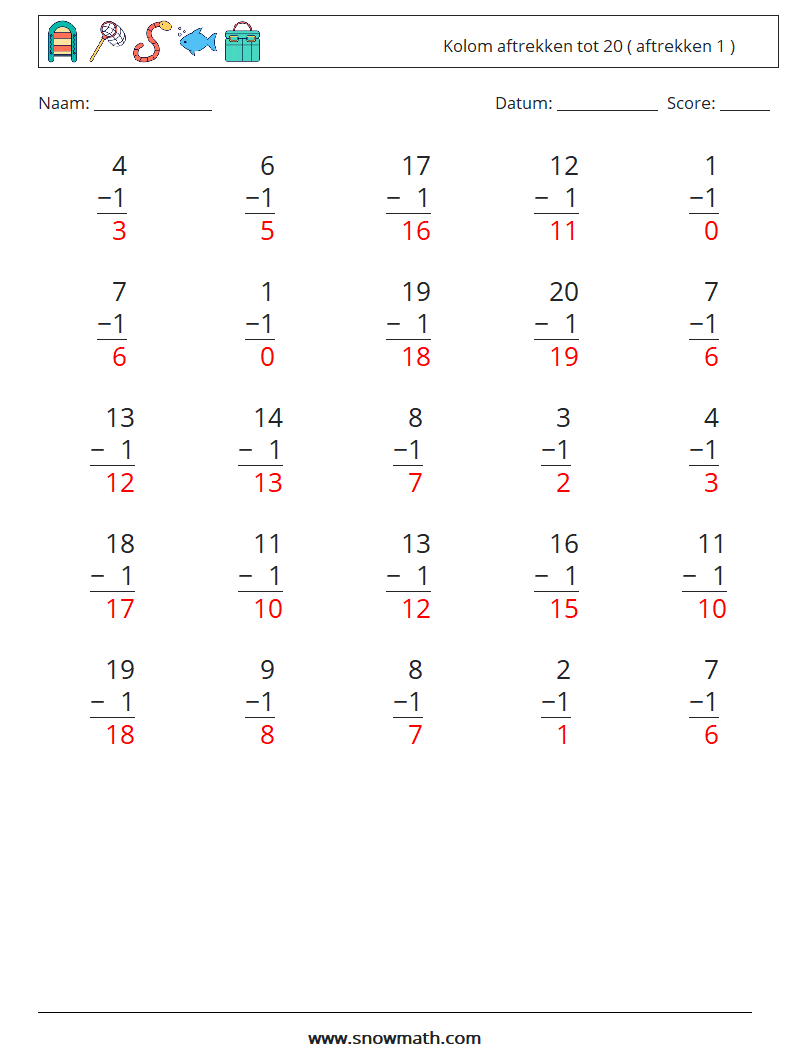 (25) Kolom aftrekken tot 20 ( aftrekken 1 ) Wiskundige werkbladen 7 Vraag, Antwoord