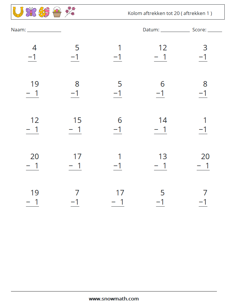 (25) Kolom aftrekken tot 20 ( aftrekken 1 ) Wiskundige werkbladen 8