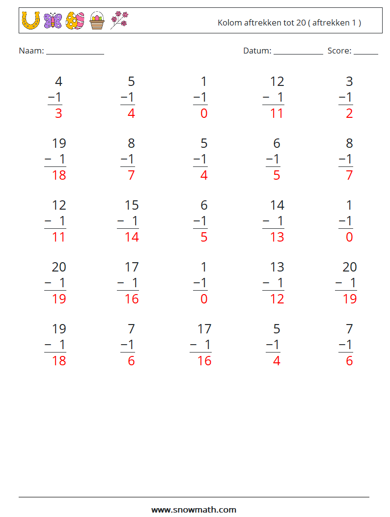 (25) Kolom aftrekken tot 20 ( aftrekken 1 ) Wiskundige werkbladen 8 Vraag, Antwoord