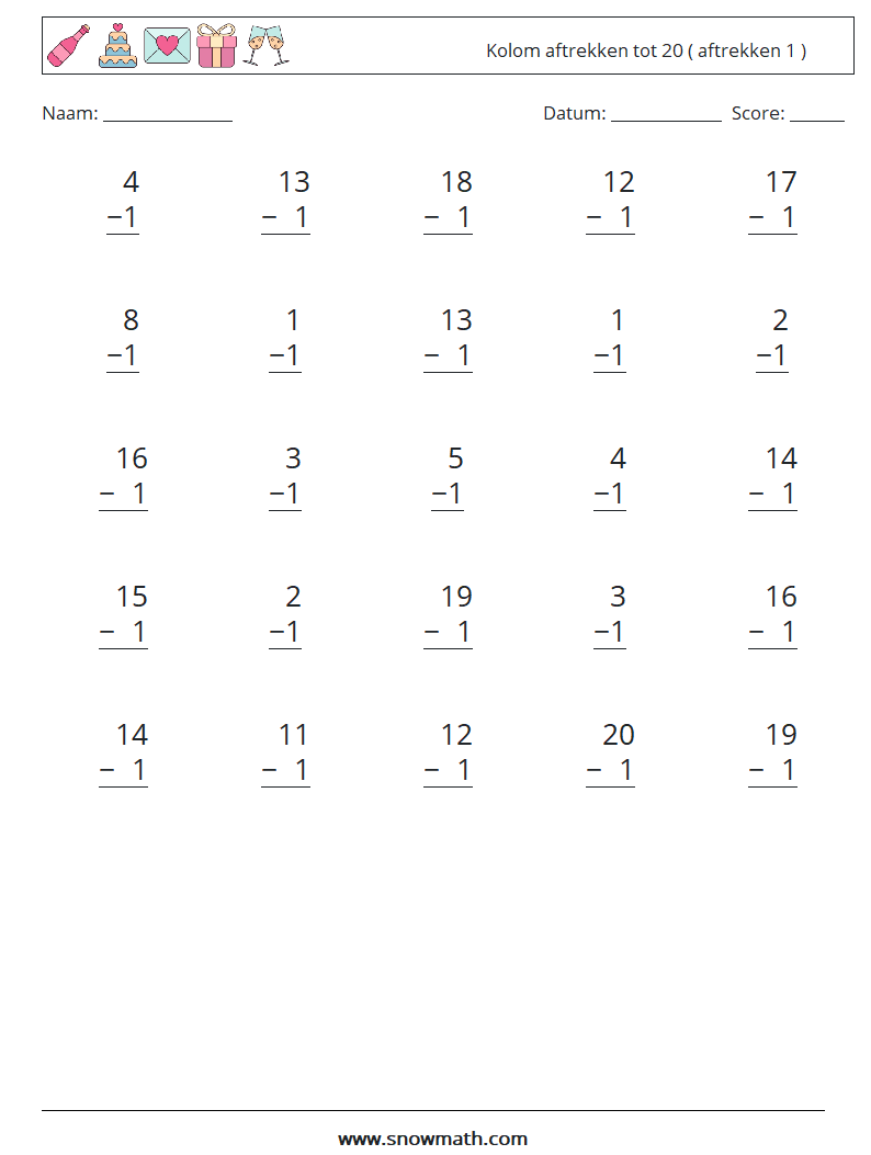 (25) Kolom aftrekken tot 20 ( aftrekken 1 ) Wiskundige werkbladen 9