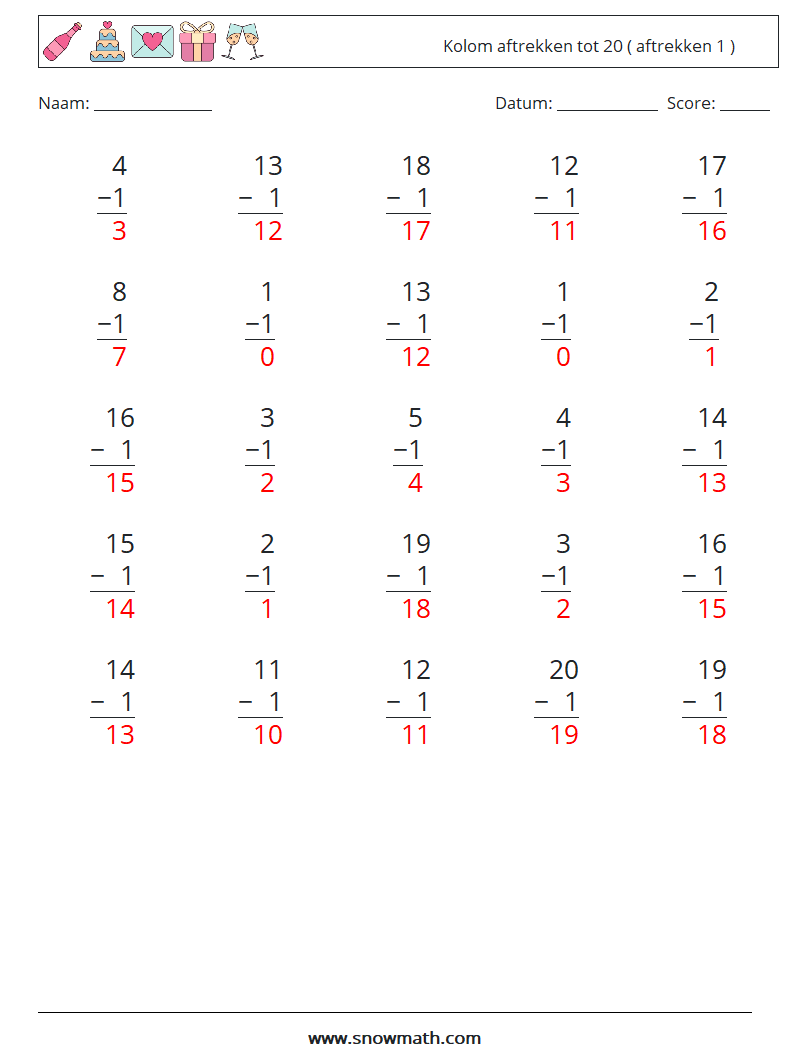 (25) Kolom aftrekken tot 20 ( aftrekken 1 ) Wiskundige werkbladen 9 Vraag, Antwoord