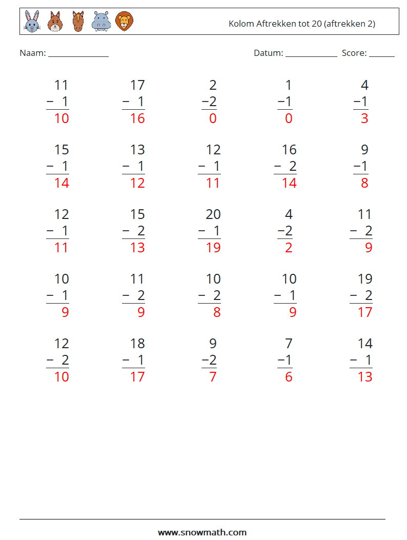 (25) Kolom Aftrekken tot 20 (aftrekken 2) Wiskundige werkbladen 10 Vraag, Antwoord