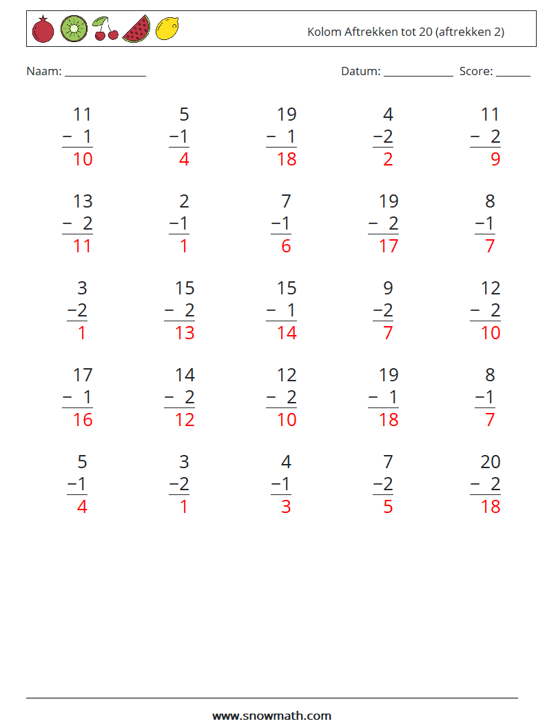 (25) Kolom Aftrekken tot 20 (aftrekken 2) Wiskundige werkbladen 11 Vraag, Antwoord