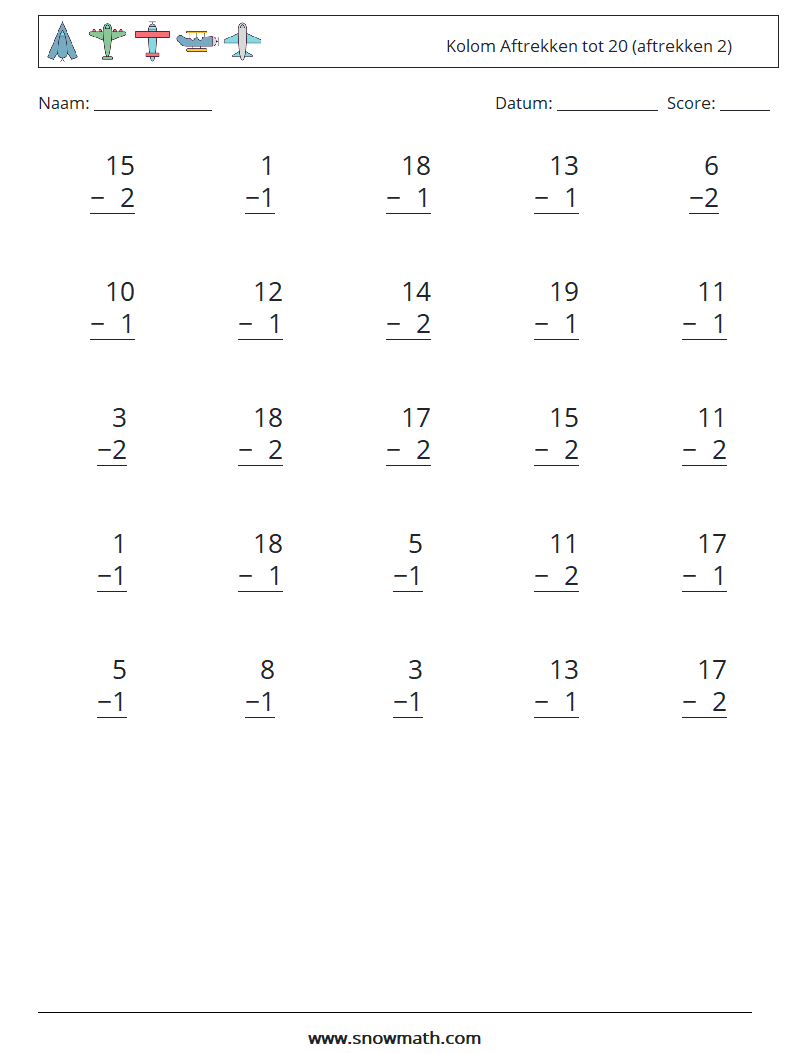 (25) Kolom Aftrekken tot 20 (aftrekken 2) Wiskundige werkbladen 13