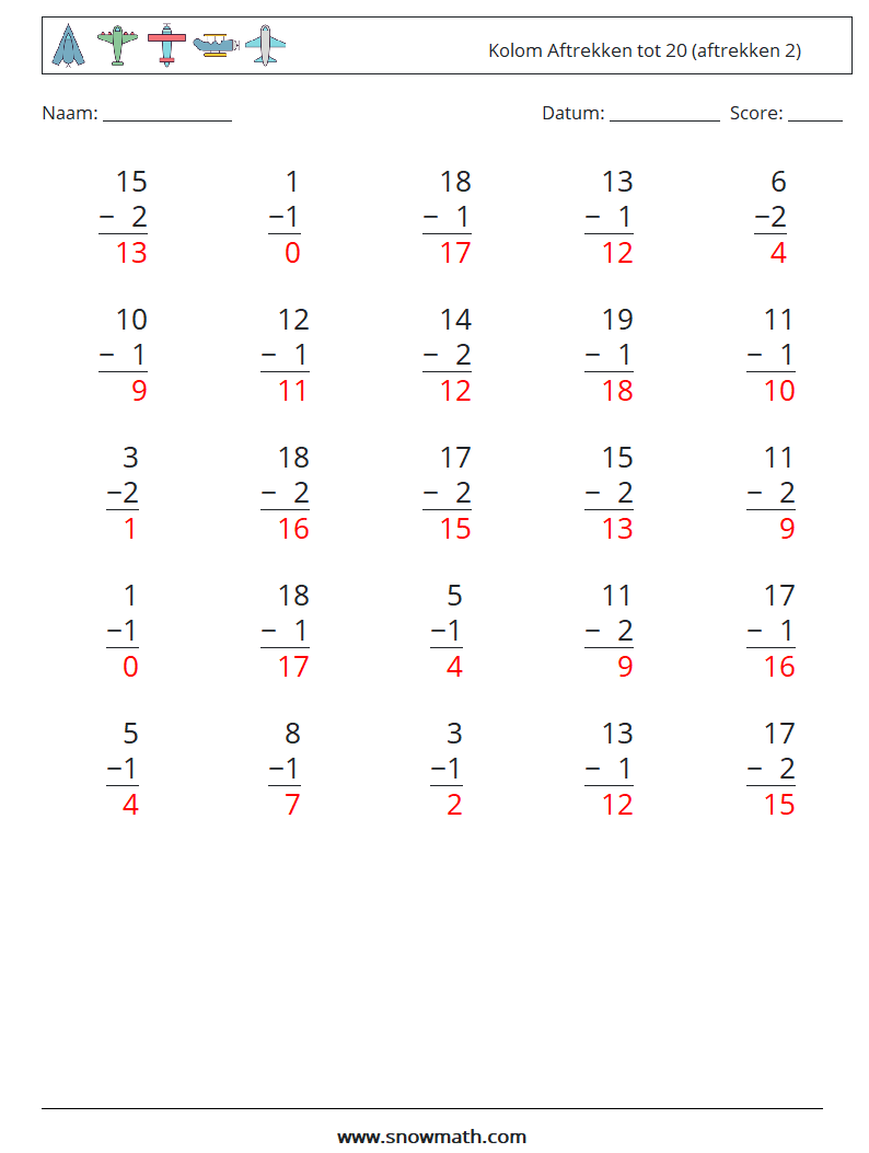 (25) Kolom Aftrekken tot 20 (aftrekken 2) Wiskundige werkbladen 13 Vraag, Antwoord