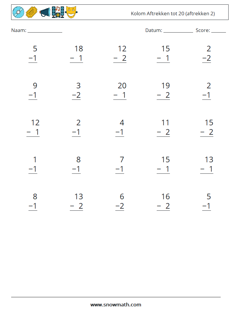 (25) Kolom Aftrekken tot 20 (aftrekken 2) Wiskundige werkbladen 16