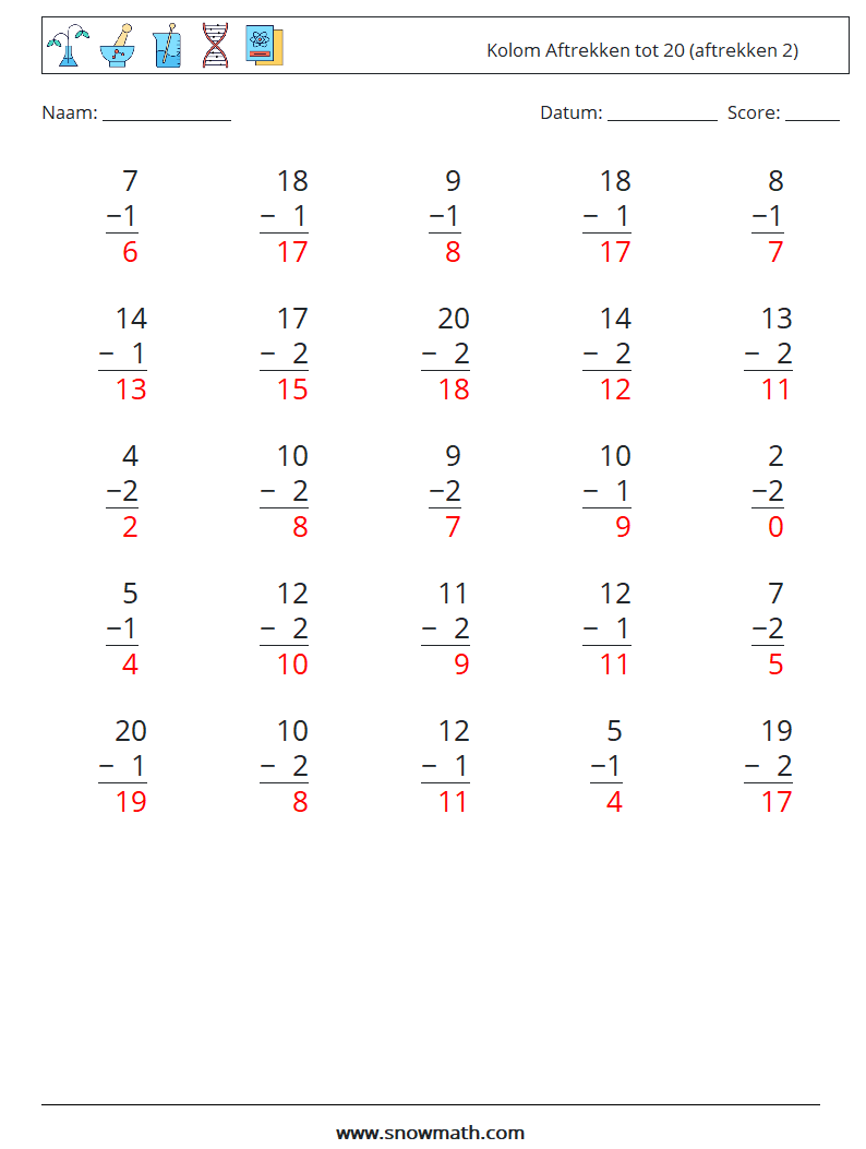 (25) Kolom Aftrekken tot 20 (aftrekken 2) Wiskundige werkbladen 1 Vraag, Antwoord