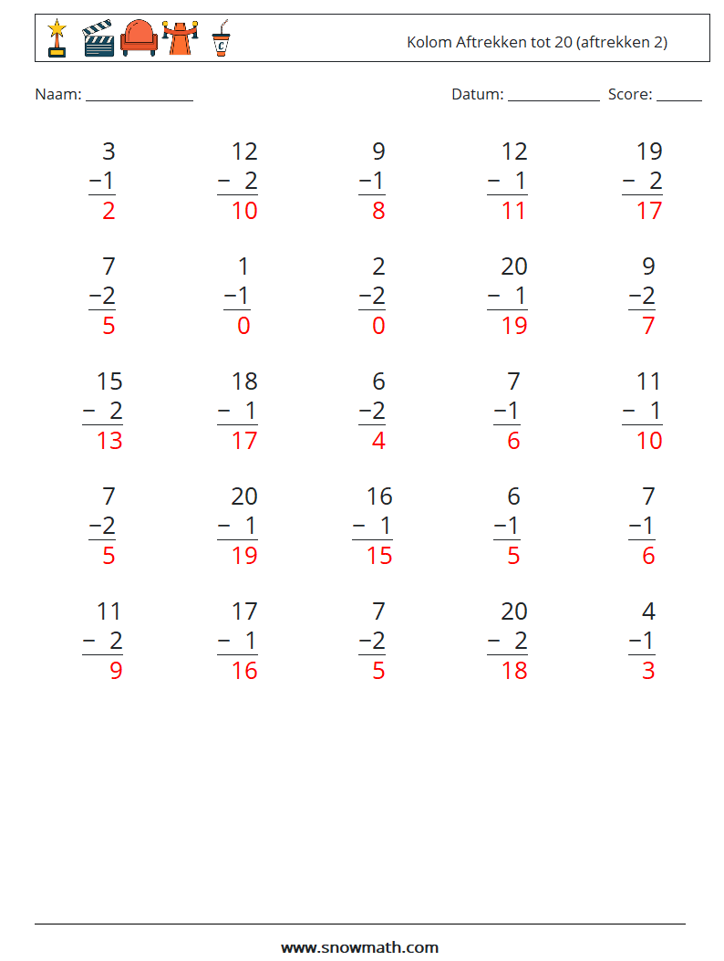 (25) Kolom Aftrekken tot 20 (aftrekken 2) Wiskundige werkbladen 2 Vraag, Antwoord