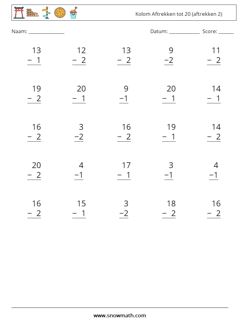 (25) Kolom Aftrekken tot 20 (aftrekken 2) Wiskundige werkbladen 3