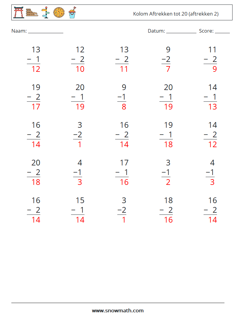 (25) Kolom Aftrekken tot 20 (aftrekken 2) Wiskundige werkbladen 3 Vraag, Antwoord