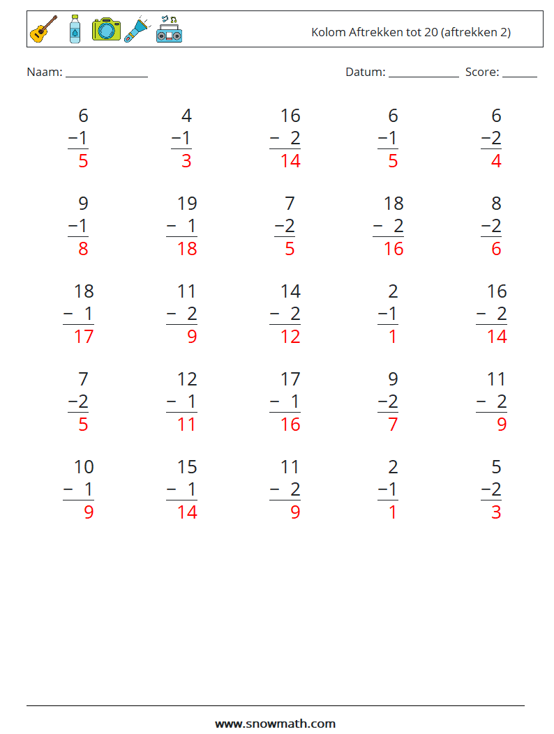 (25) Kolom Aftrekken tot 20 (aftrekken 2) Wiskundige werkbladen 6 Vraag, Antwoord