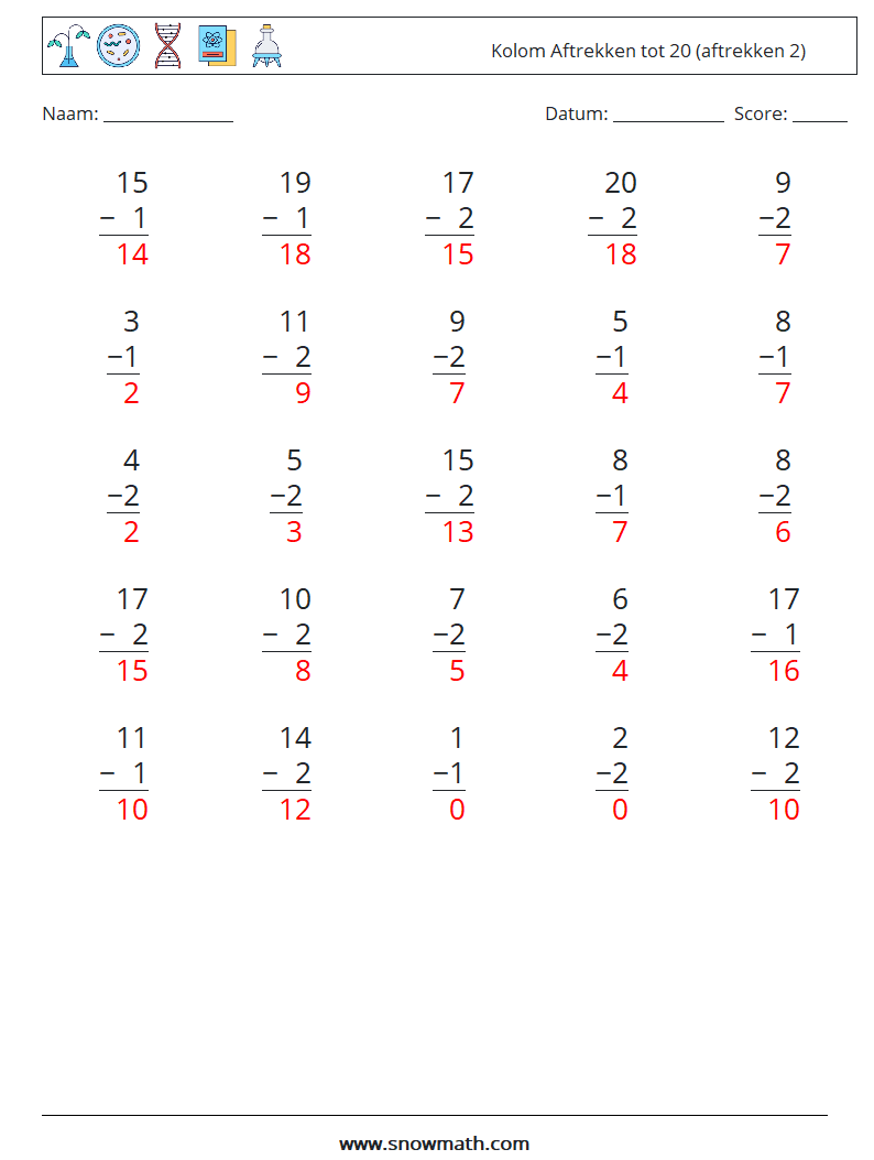 (25) Kolom Aftrekken tot 20 (aftrekken 2) Wiskundige werkbladen 7 Vraag, Antwoord