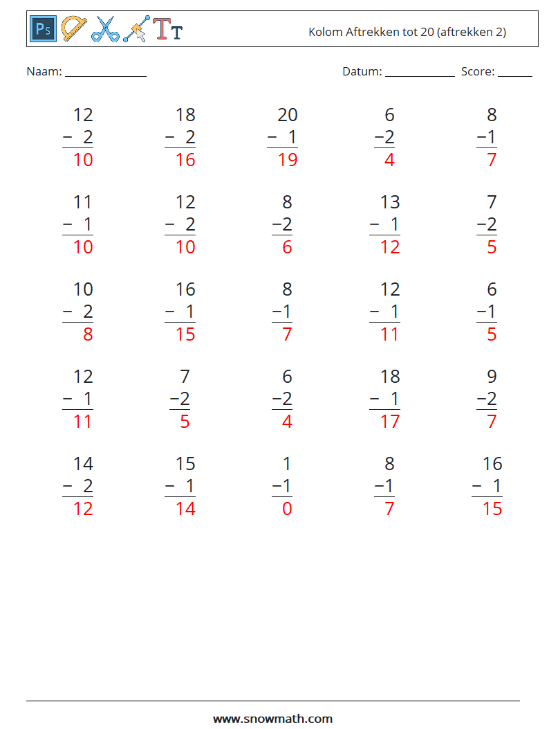 (25) Kolom Aftrekken tot 20 (aftrekken 2) Wiskundige werkbladen 8 Vraag, Antwoord