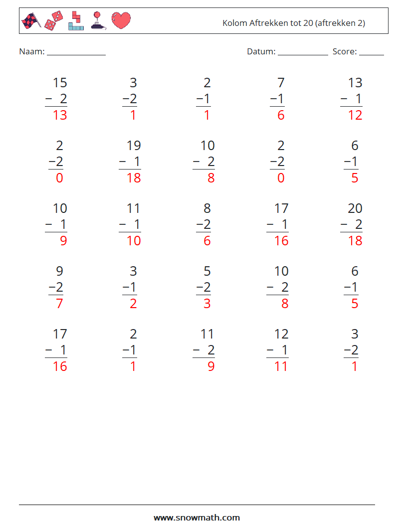 (25) Kolom Aftrekken tot 20 (aftrekken 2) Wiskundige werkbladen 9 Vraag, Antwoord