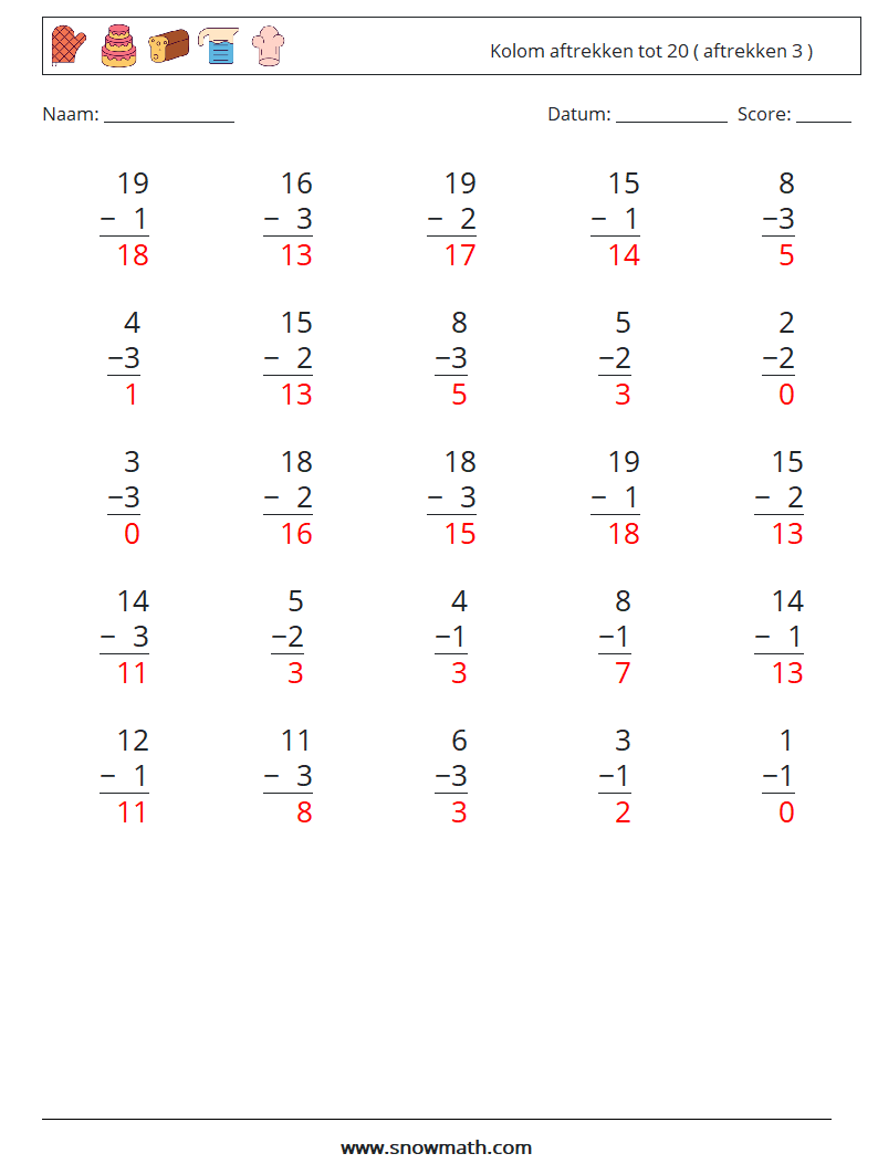 (25) Kolom aftrekken tot 20 ( aftrekken 3 ) Wiskundige werkbladen 10 Vraag, Antwoord