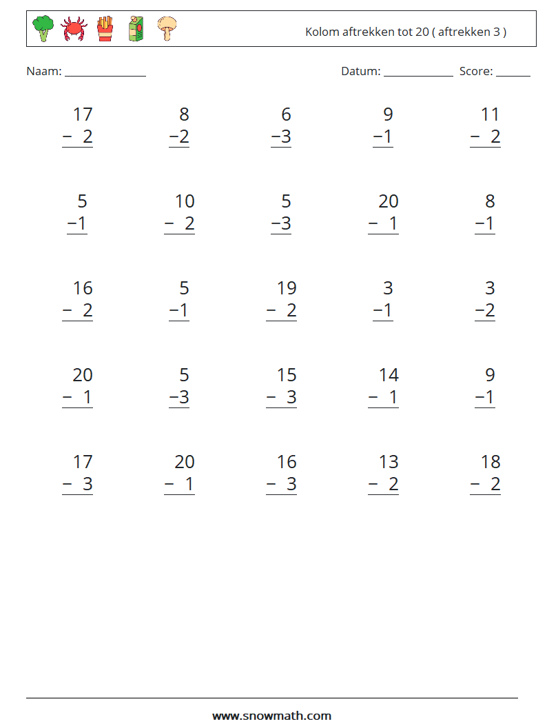 (25) Kolom aftrekken tot 20 ( aftrekken 3 ) Wiskundige werkbladen 13