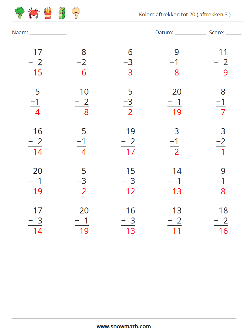 (25) Kolom aftrekken tot 20 ( aftrekken 3 ) Wiskundige werkbladen 13 Vraag, Antwoord