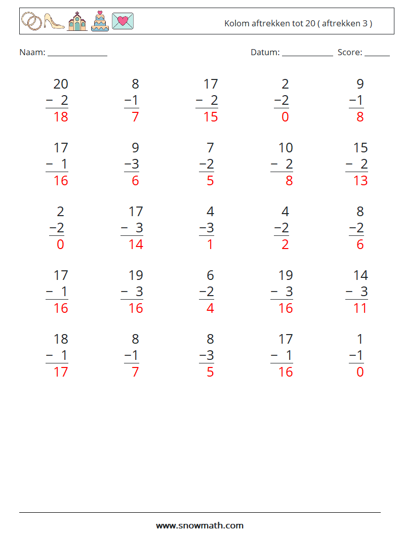 (25) Kolom aftrekken tot 20 ( aftrekken 3 ) Wiskundige werkbladen 15 Vraag, Antwoord