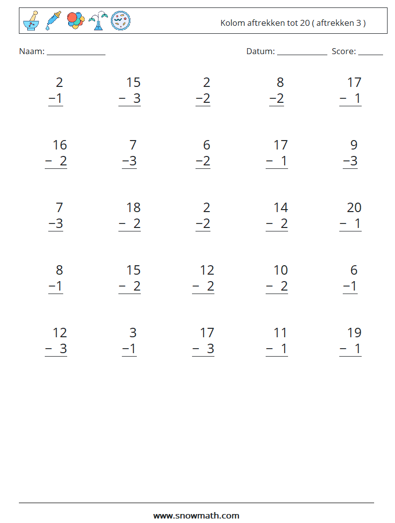 (25) Kolom aftrekken tot 20 ( aftrekken 3 ) Wiskundige werkbladen 16